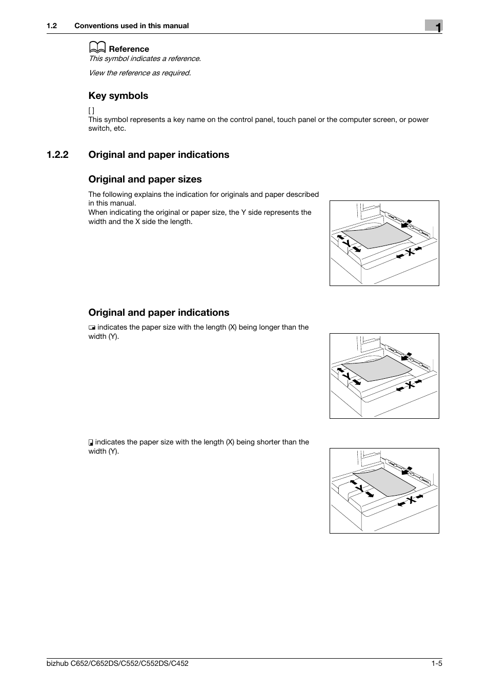 Key symbols, 2 original and paper indications, Original and paper sizes | Original and paper indications, Key symbols -5 | Konica Minolta BIZHUB C652DS User Manual | Page 16 / 300