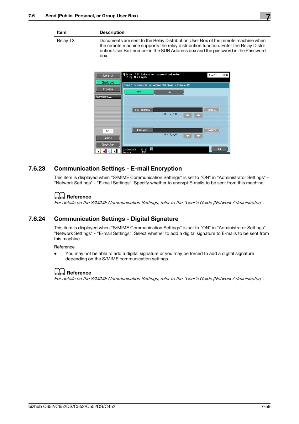 23 communication settings - e-mail encryption, 24 communication settings - digital signature, Communication settings - e-mail encryption -59 | Communication settings - digital signature -59, Cryption (p. 7-59), P. 7-59) | Konica Minolta BIZHUB C652DS User Manual | Page 164 / 300