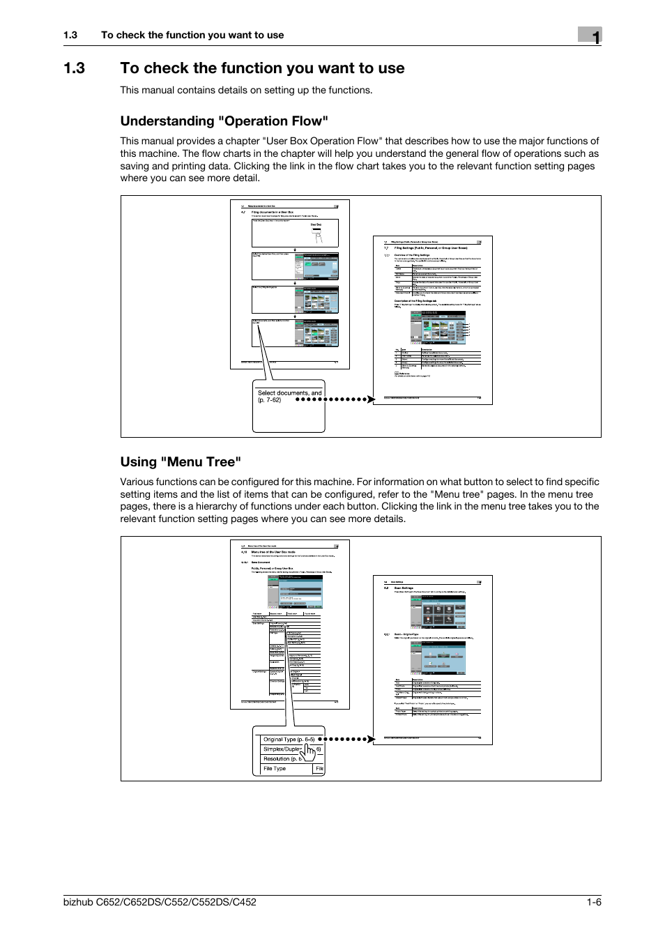 3 to check the function you want to use, Understanding "operation flow, Using "menu tree | Konica Minolta BIZHUB C652DS User Manual | Page 17 / 300
