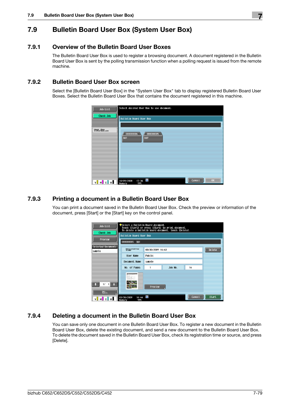 9 bulletin board user box (system user box), 1 overview of the bulletin board user boxes, 2 bulletin board user box screen | 3 printing a document in a bulletin board user box, Bulletin board user box (system user box) -79, Overview of the bulletin board user boxes -79, Bulletin board user box screen -79, P. 7-79, Board user box (p. 7-79 | Konica Minolta BIZHUB C652DS User Manual | Page 184 / 300