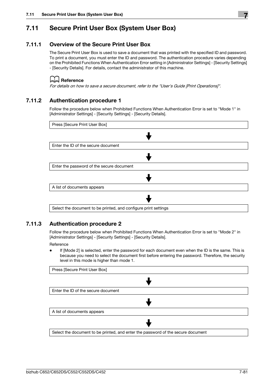 11 secure print user box (system user box), 1 overview of the secure print user box, 2 authentication procedure 1 | 3 authentication procedure 2, Secure print user box (system user box) -81, Overview of the secure print user box -81, Authentication procedure 1 -81, Authentication procedure 2 -81, P. 7-81 | Konica Minolta BIZHUB C652DS User Manual | Page 186 / 300