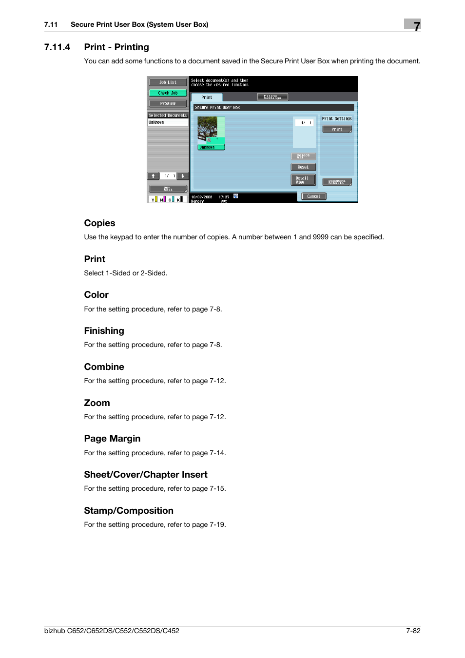 4 print - printing, Copies, Print | Color, Finishing, Combine, Zoom, Sheet/cover/chapter insert, Stamp/composition, S (p. 7-82) | Konica Minolta BIZHUB C652DS User Manual | Page 187 / 300