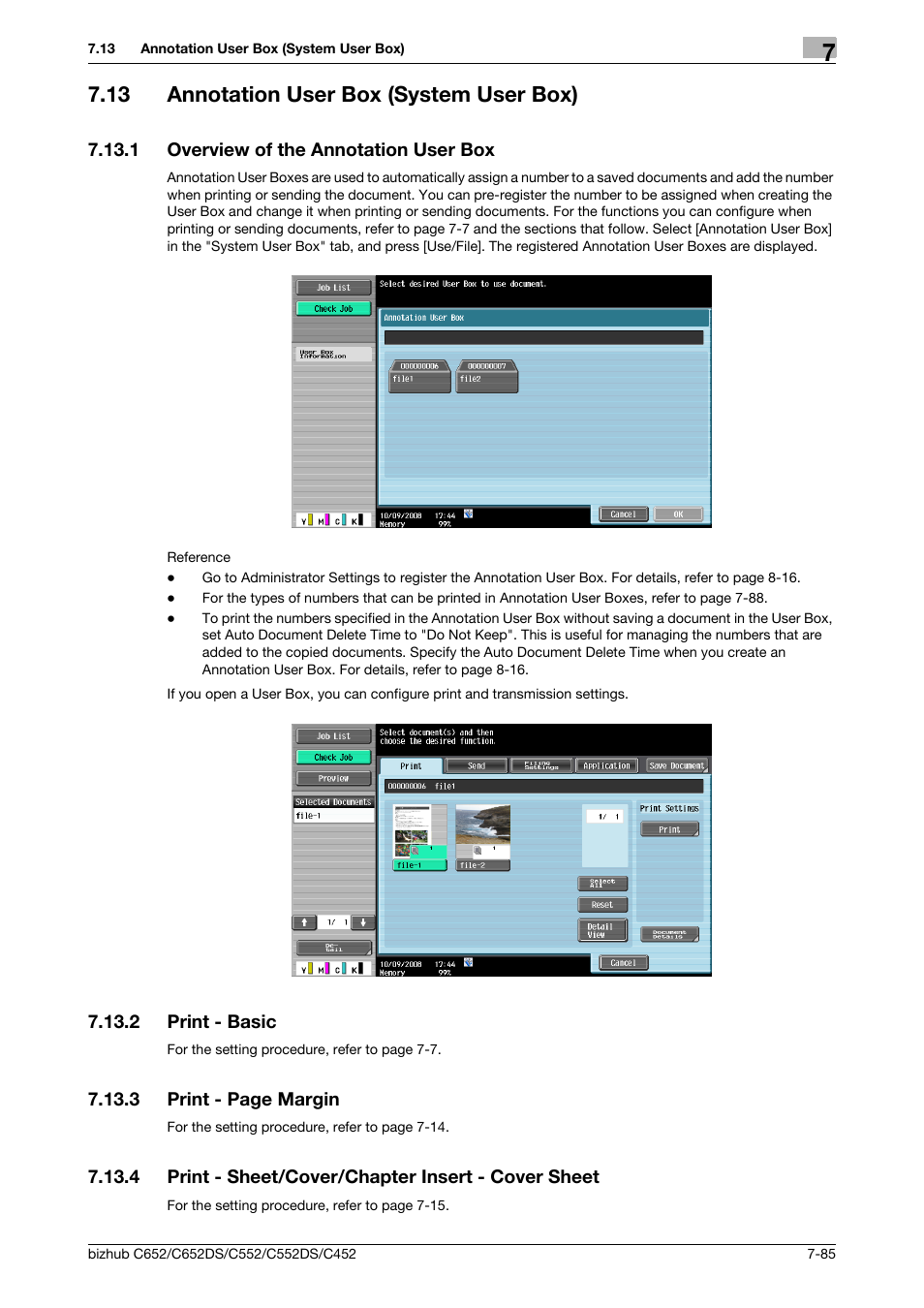 13 annotation user box (system user box), 1 overview of the annotation user box, 2 print - basic | 4 print - sheet/cover/chapter insert - cover sheet, Annotation user box (system user box) -85, Overview of the annotation user box -85, Print - basic -85, P. 7-85 | Konica Minolta BIZHUB C652DS User Manual | Page 190 / 300