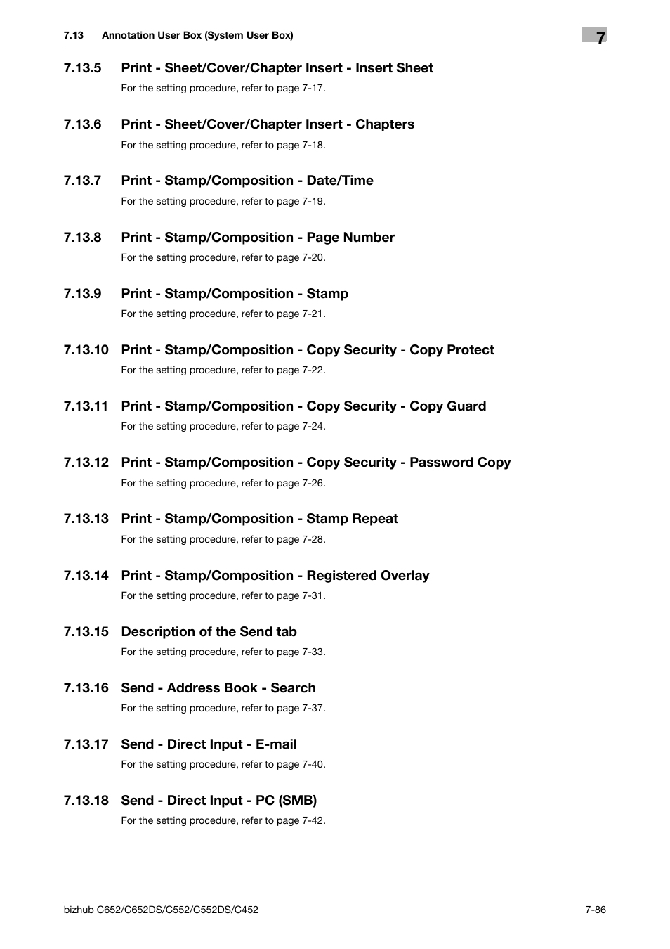 6 print - sheet/cover/chapter insert - chapters, 7 print - stamp/composition - date/time, 9 print - stamp/composition - stamp | 13 print - stamp/composition - stamp repeat, 14 print - stamp/composition - registered overlay, 15 description of the send tab, 16 send - address book - search, 17 send - direct input - e-mail, 18 send - direct input - pc (smb), Print - sheet/cover/chapter insert - chapters -86 | Konica Minolta BIZHUB C652DS User Manual | Page 191 / 300