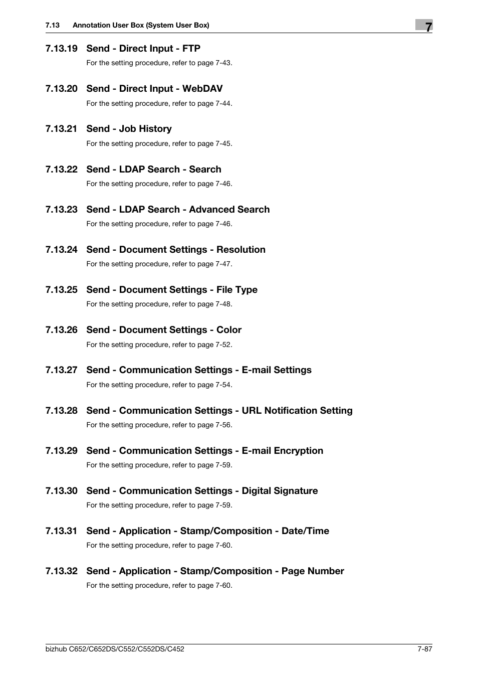 19 send - direct input - ftp, 20 send - direct input - webdav, 21 send - job history | 22 send - ldap search - search, 23 send - ldap search - advanced search, 24 send - document settings - resolution, 25 send - document settings - file type, 26 send - document settings - color, 27 send - communication settings - e-mail settings, Send - direct input - ftp -87 | Konica Minolta BIZHUB C652DS User Manual | Page 192 / 300