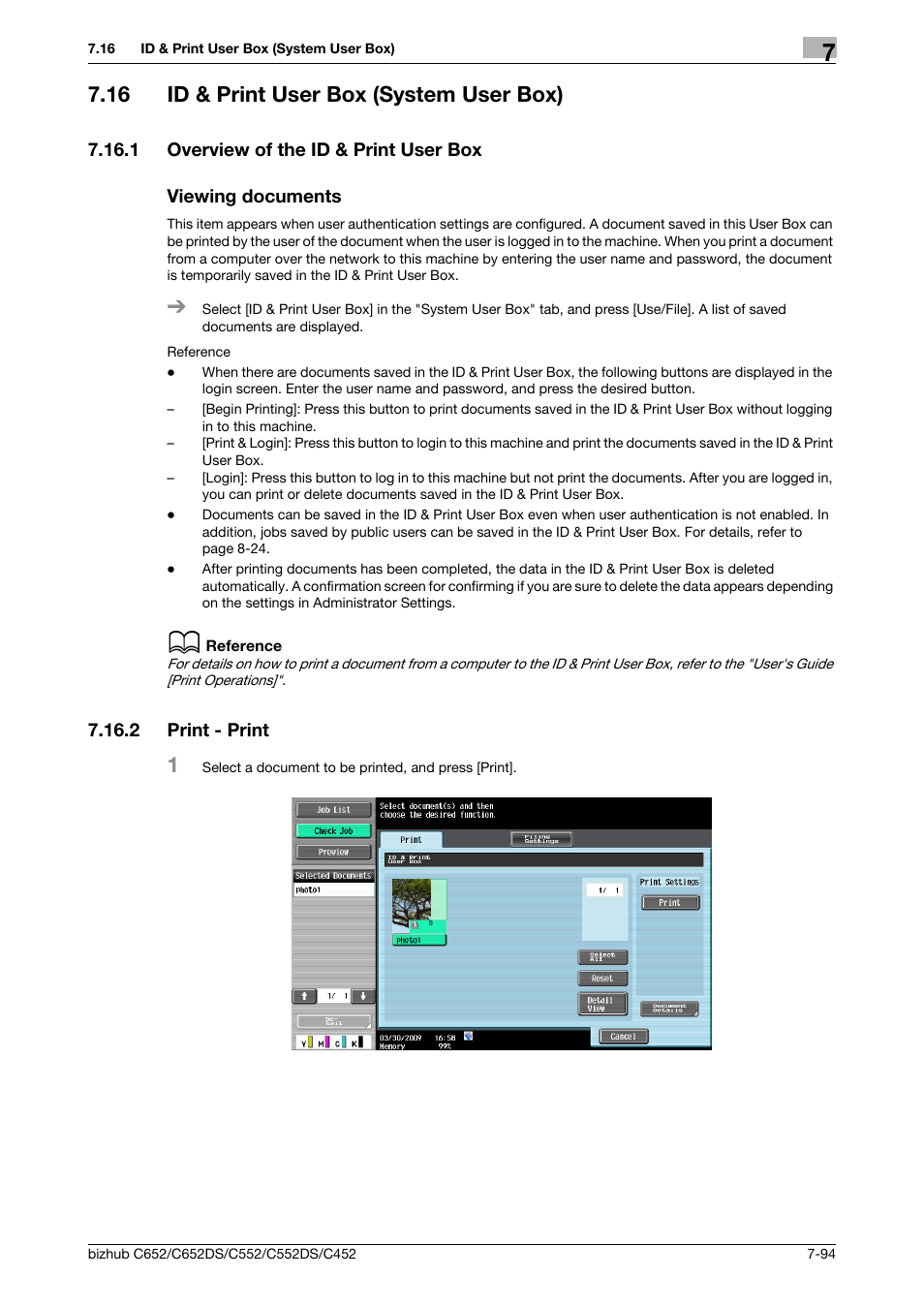 16 id & print user box (system user box), 1 overview of the id & print user box, Viewing documents | 2 print - print, Id & print user box (system user box) -94, Print - print -94, P. 7-94, P. 7-94) | Konica Minolta BIZHUB C652DS User Manual | Page 199 / 300