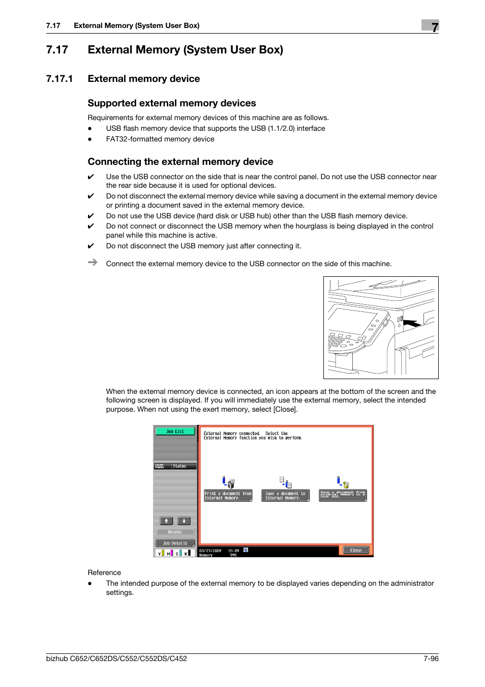17 external memory (system user box), 1 external memory device, Supported external memory devices | Connecting the external memory device, External memory (system user box) -96, P. 7-96 | Konica Minolta BIZHUB C652DS User Manual | Page 201 / 300