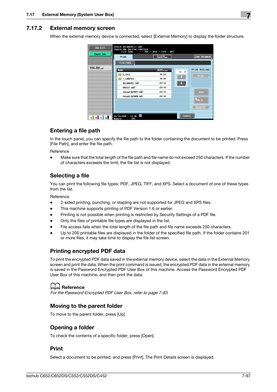 2 external memory screen, Entering a file path, Selecting a file | Printing encrypted pdf data, Moving to the parent folder, Opening a folder, Print | Konica Minolta BIZHUB C652DS User Manual | Page 202 / 300