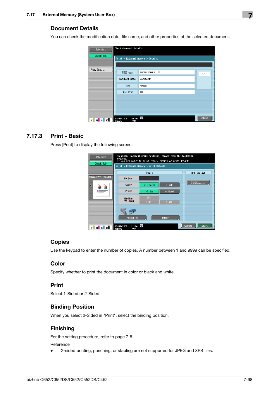 Document details, 3 print - basic, Copies | Color, Print, Binding position, Finishing, Document details -98, Opies (p. 7-98), Color (p. 7-98) | Konica Minolta BIZHUB C652DS User Manual | Page 203 / 300