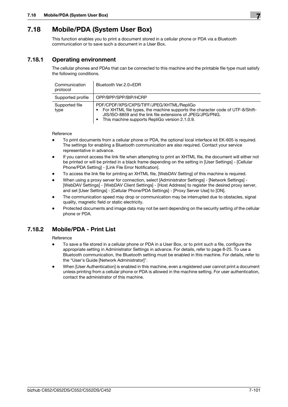 18 mobile/pda (system user box), 1 operating environment, 2 mobile/pda - print list | Mobile/pda (system user box) -101, Operating environment -101, Mobile/pda - print list -101, P. 7-101 | Konica Minolta BIZHUB C652DS User Manual | Page 206 / 300