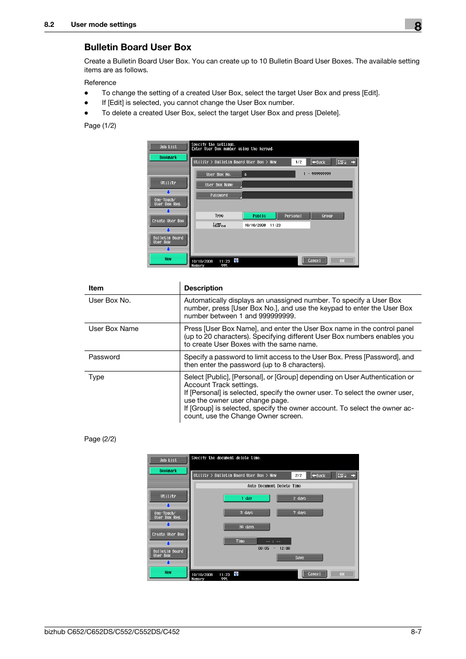Bulletin board user box, Bulletin board user box -7, P. 8-7) | User box (p. 8-7) | Konica Minolta BIZHUB C652DS User Manual | Page 215 / 300