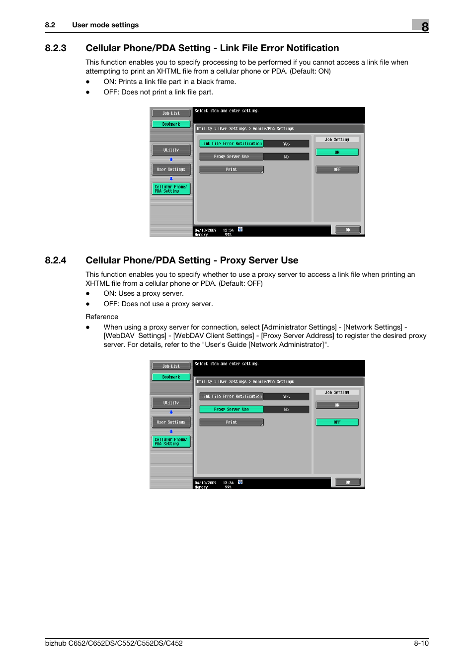 4 cellular phone/pda setting - proxy server use, Cellular phone/pda setting - proxy server use -10, Tion (p. 8-10) | Server use (p. 8-10) | Konica Minolta BIZHUB C652DS User Manual | Page 218 / 300