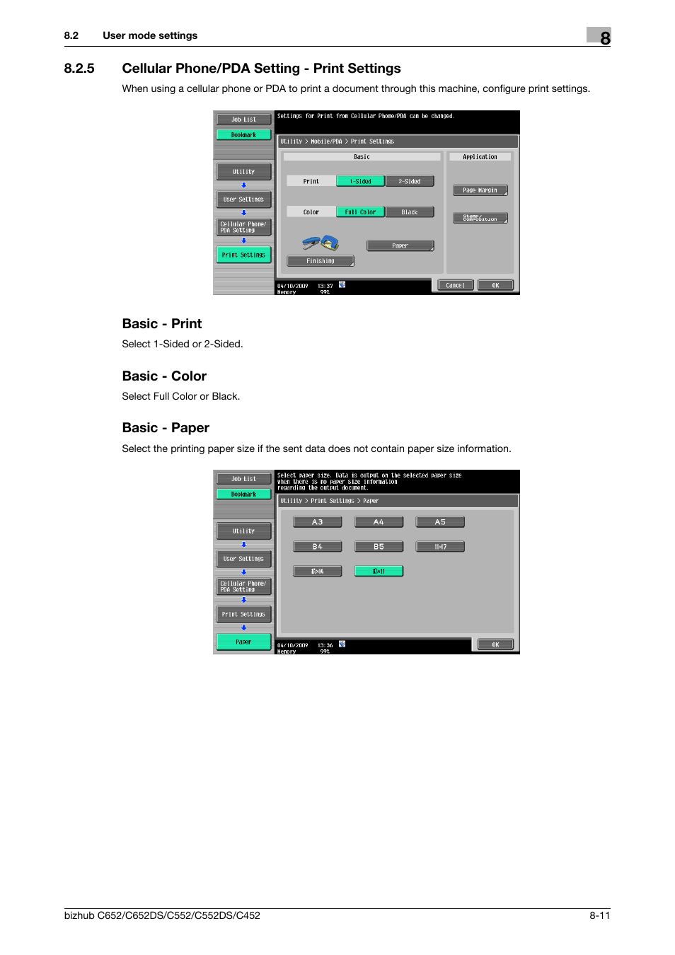 5 cellular phone/pda setting - print settings, Basic - print, Basic - color | Basic - paper, P. 8-11) | Konica Minolta BIZHUB C652DS User Manual | Page 219 / 300