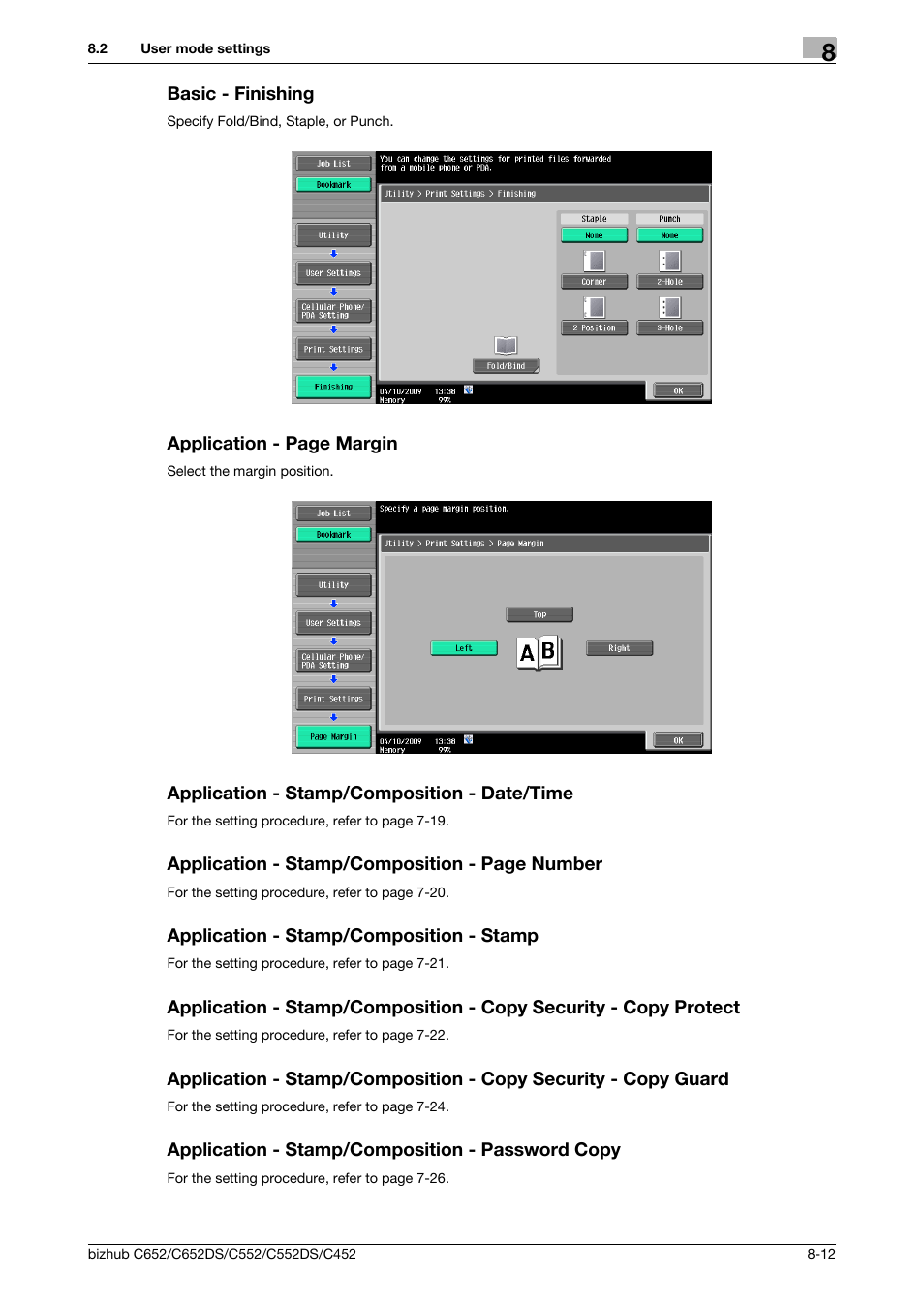 Basic - finishing, Application - stamp/composition - date/time, Application - stamp/composition - stamp | Application - stamp/composition - password copy | Konica Minolta BIZHUB C652DS User Manual | Page 220 / 300