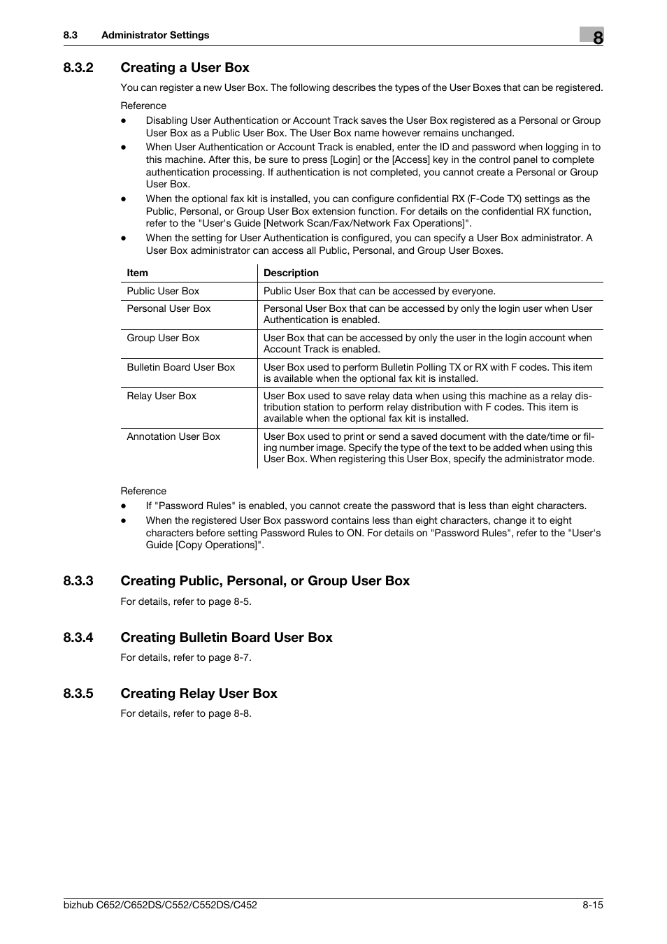 2 creating a user box, 3 creating public, personal, or group user box, 4 creating bulletin board user box | 5 creating relay user box, Creating a user box -15, Creating public, personal, or group user box -15, Creating bulletin board user box -15, Creating relay user box -15, P. 8-15) | Konica Minolta BIZHUB C652DS User Manual | Page 223 / 300