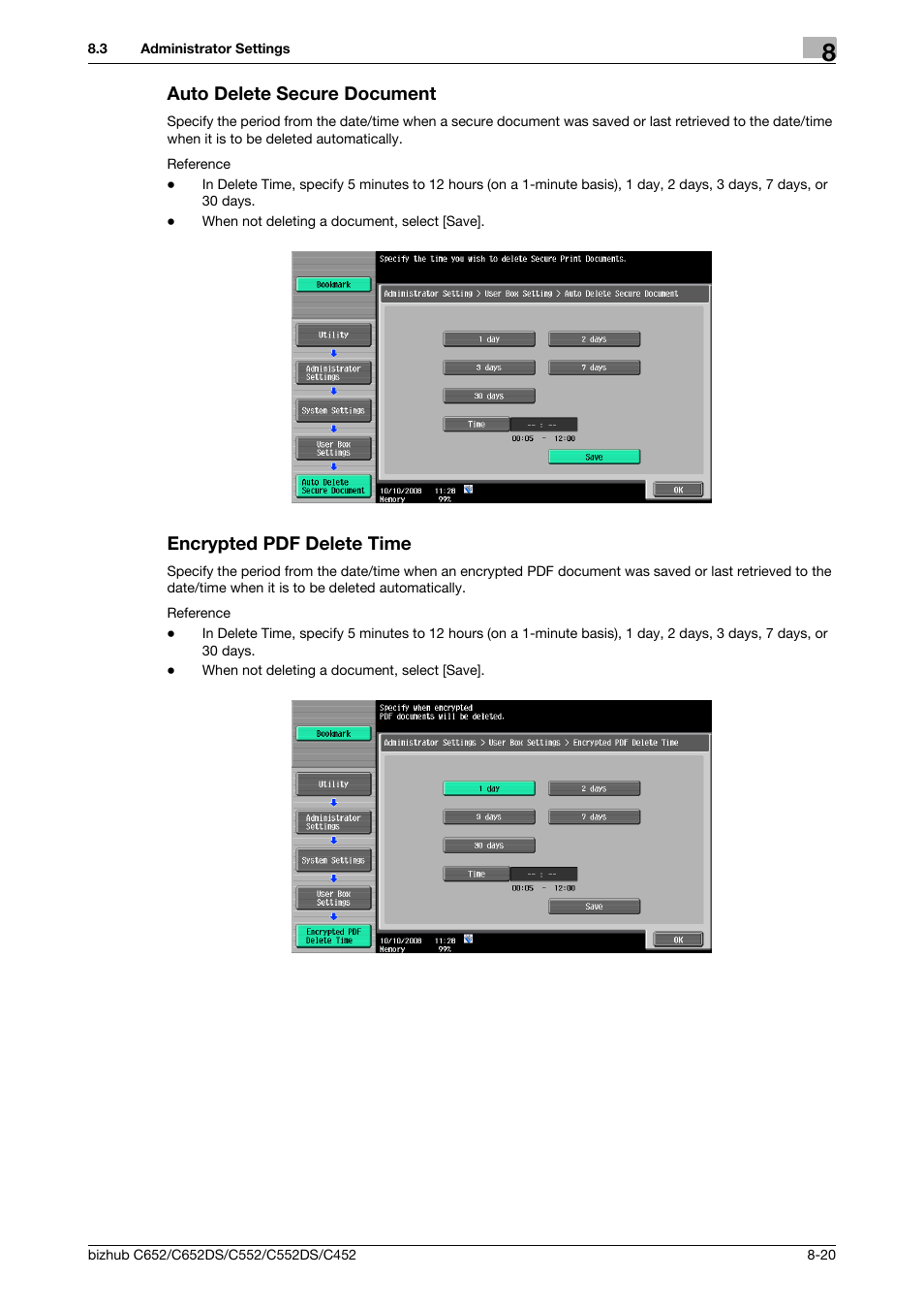 Auto delete secure document, Encrypted pdf delete time, P. 8-20) | Crypted pdf delete time (p. 8-20) | Konica Minolta BIZHUB C652DS User Manual | Page 228 / 300