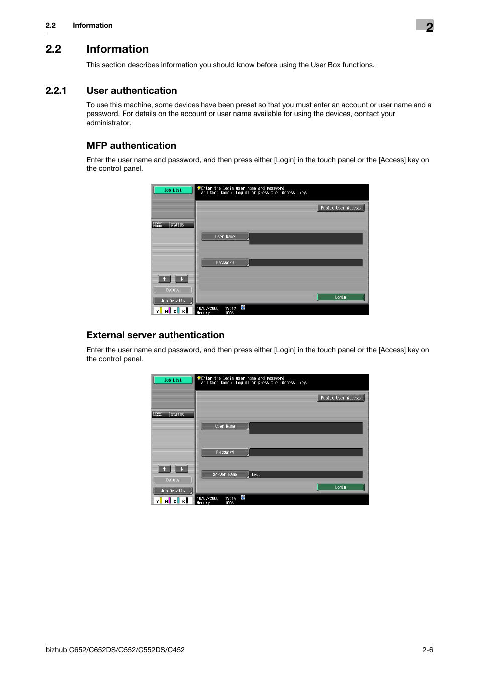 2 information, 1 user authentication, Mfp authentication | External server authentication, Information -6 | Konica Minolta BIZHUB C652DS User Manual | Page 23 / 300