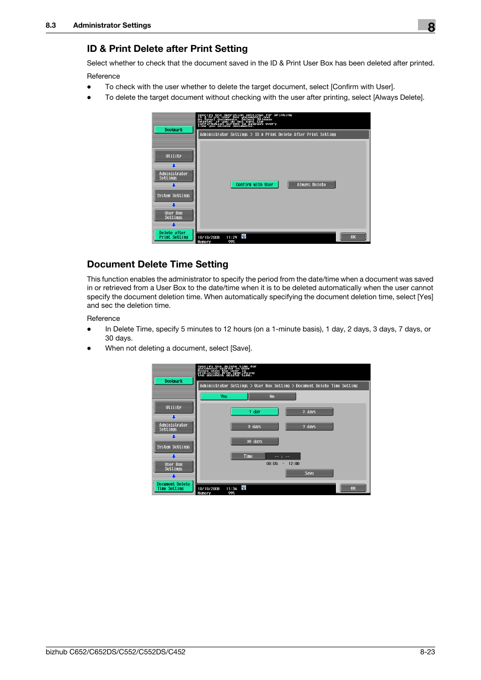 Id & print delete after print setting, Document delete time setting, P. 8-23) | Konica Minolta BIZHUB C652DS User Manual | Page 231 / 300