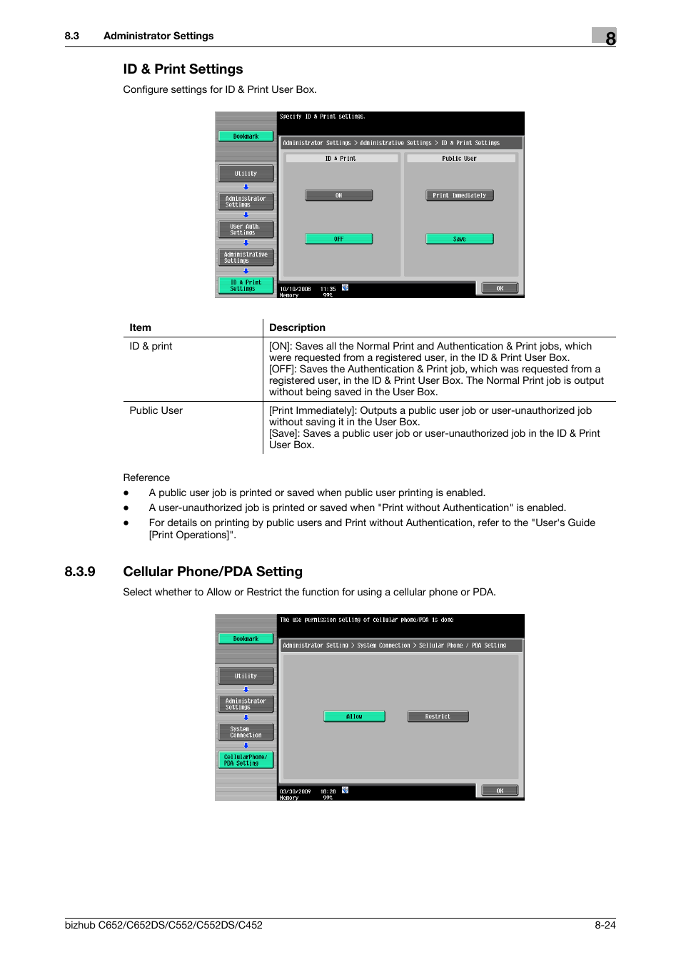 Id & print settings, 9 cellular phone/pda setting, Id & print settings -24 | Cellular phone/pda setting -24, P. 8-24), Ings (p. 8-24 | Konica Minolta BIZHUB C652DS User Manual | Page 232 / 300