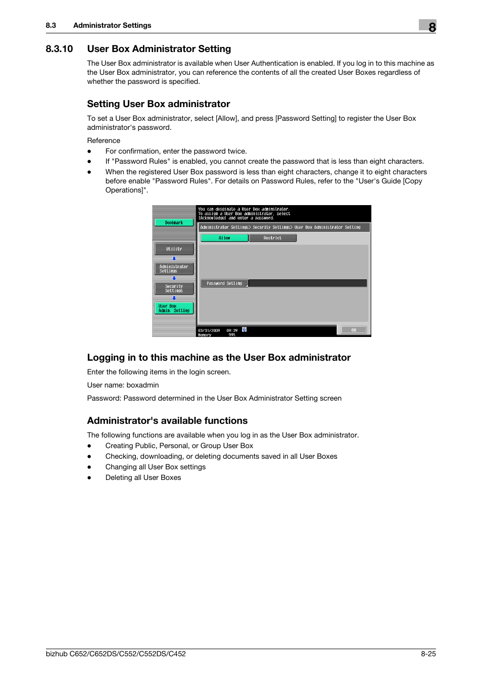 10 user box administrator setting, Setting user box administrator, Administrator's available functions | P. 8-25) | Konica Minolta BIZHUB C652DS User Manual | Page 233 / 300
