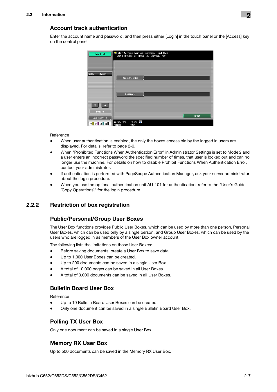 Account track authentication, 2 restriction of box registration, Public/personal/group user boxes | Bulletin board user box, Polling tx user box, Memory rx user box, Account track authentication -7 | Konica Minolta BIZHUB C652DS User Manual | Page 24 / 300