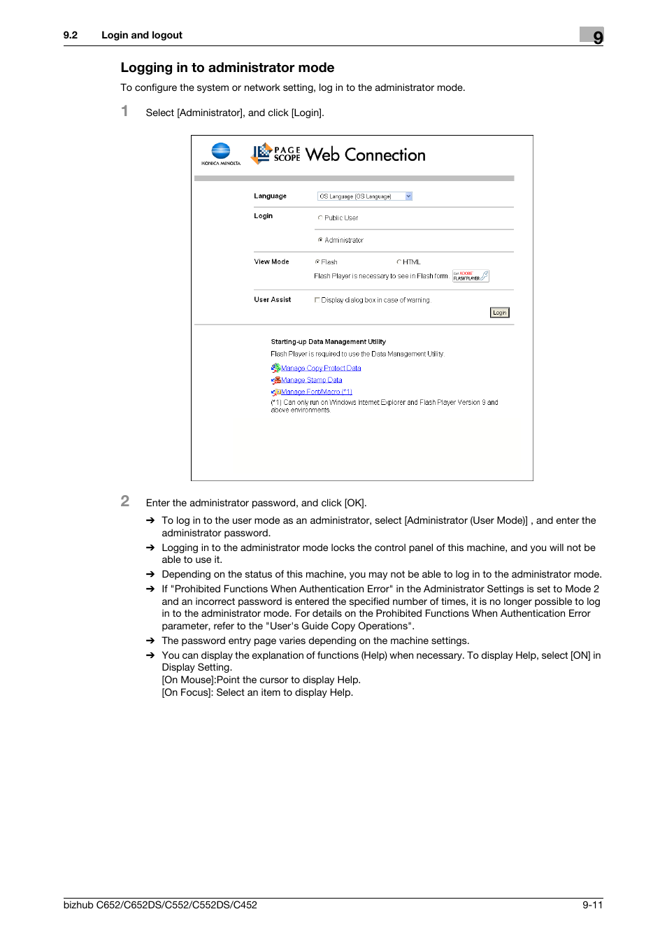 Logging in to administrator mode, Logging in to administrator mode -11 | Konica Minolta BIZHUB C652DS User Manual | Page 250 / 300