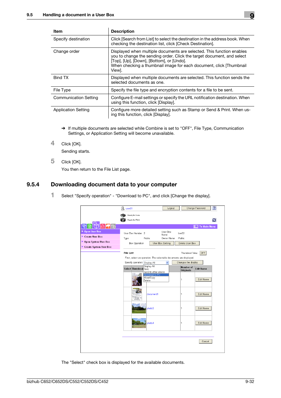 4 downloading document data to your computer, Downloading document data to your computer -32 | Konica Minolta BIZHUB C652DS User Manual | Page 271 / 300