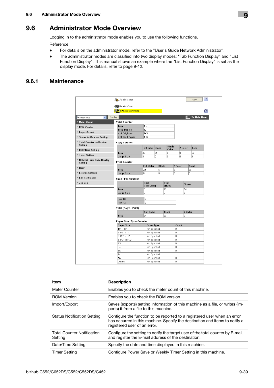 6 administrator mode overview, 1 maintenance, Administrator mode overview -39 | Maintenance -39 | Konica Minolta BIZHUB C652DS User Manual | Page 278 / 300