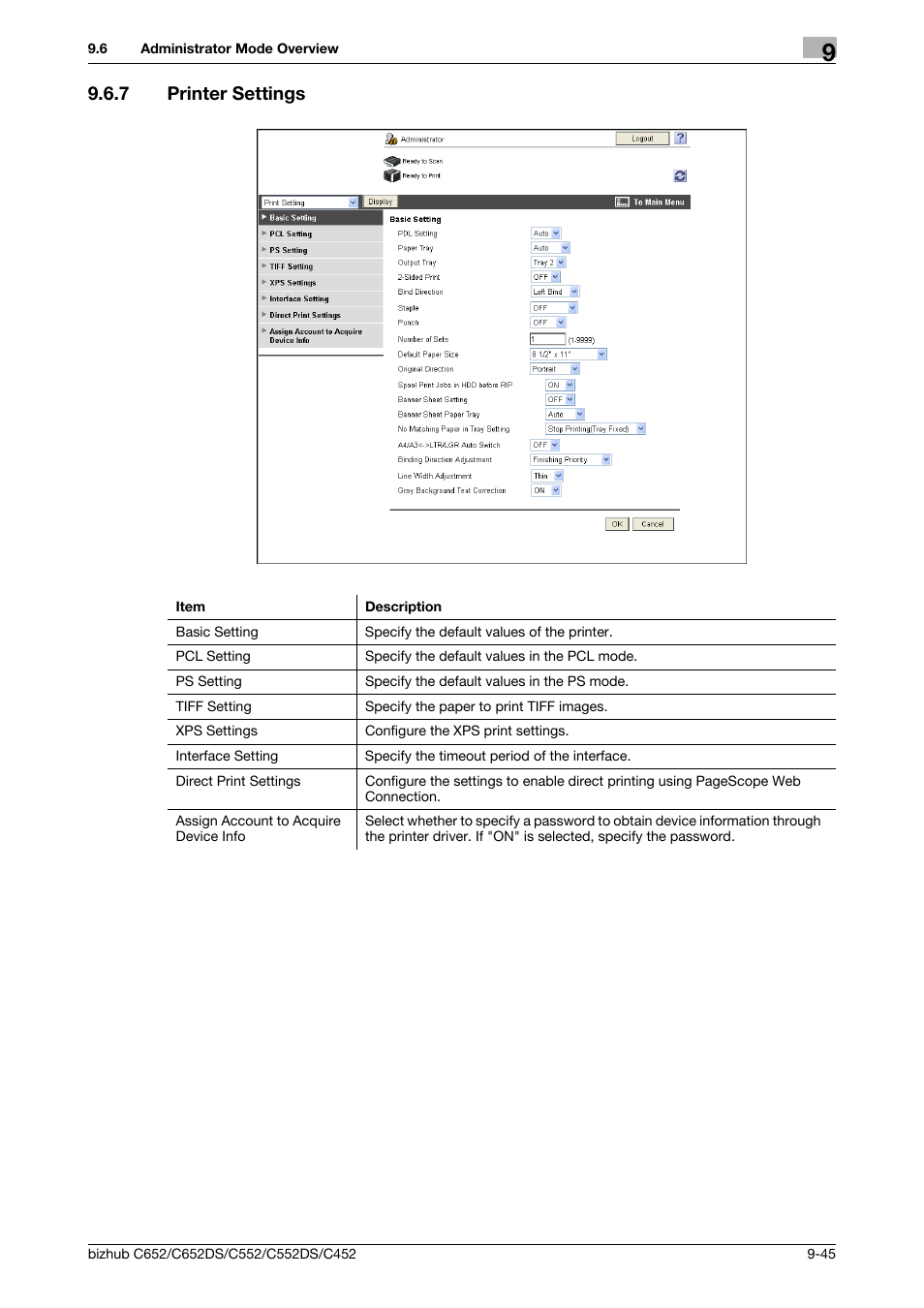 7 printer settings, Printer settings -45 | Konica Minolta BIZHUB C652DS User Manual | Page 284 / 300