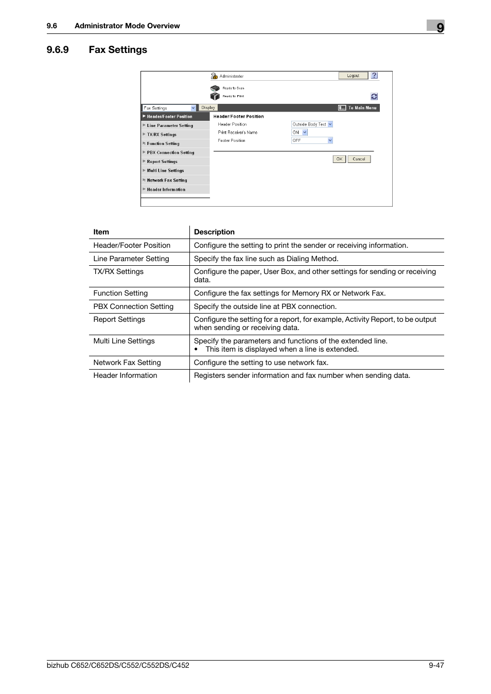 9 fax settings, Fax settings -47 | Konica Minolta BIZHUB C652DS User Manual | Page 286 / 300