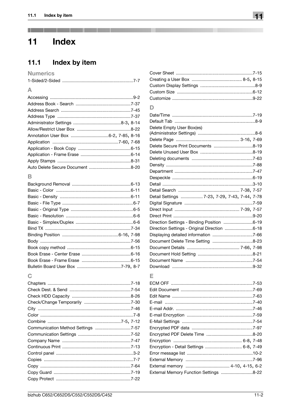 11 index, 1 index by item, A to e | Index, Index by item -2 | Konica Minolta BIZHUB C652DS User Manual | Page 294 / 300