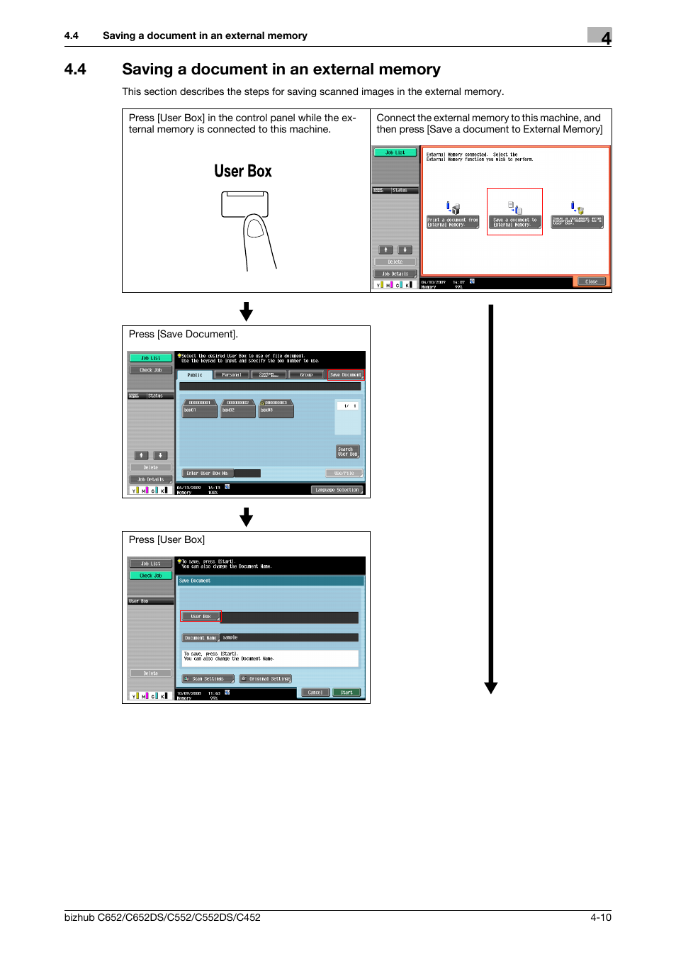 4 saving a document in an external memory, Saving a document in an external memory -10 | Konica Minolta BIZHUB C652DS User Manual | Page 56 / 300