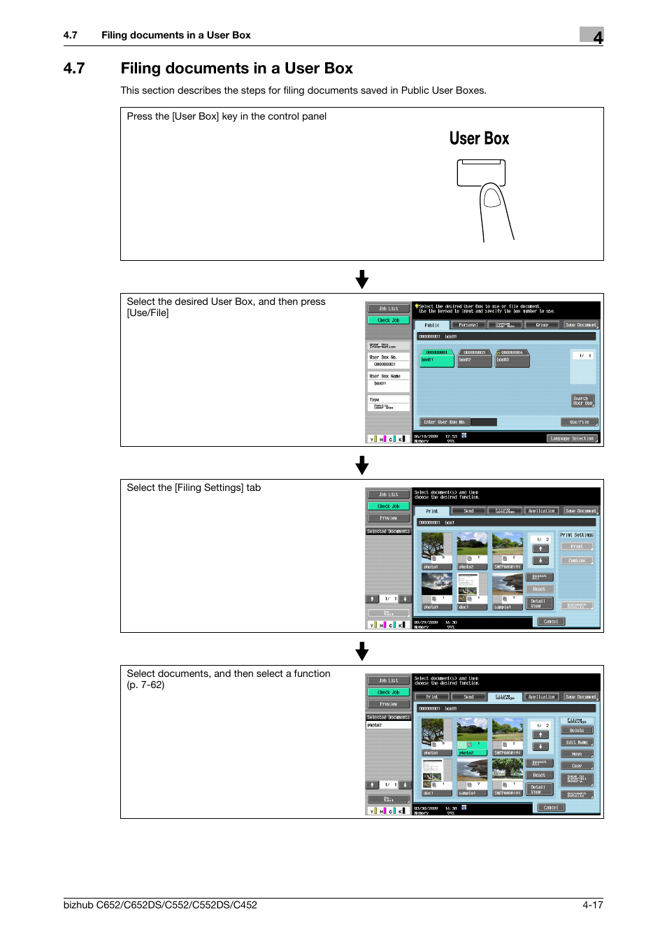 7 filing documents in a user box, Filing documents in a user box -17 | Konica Minolta BIZHUB C652DS User Manual | Page 63 / 300
