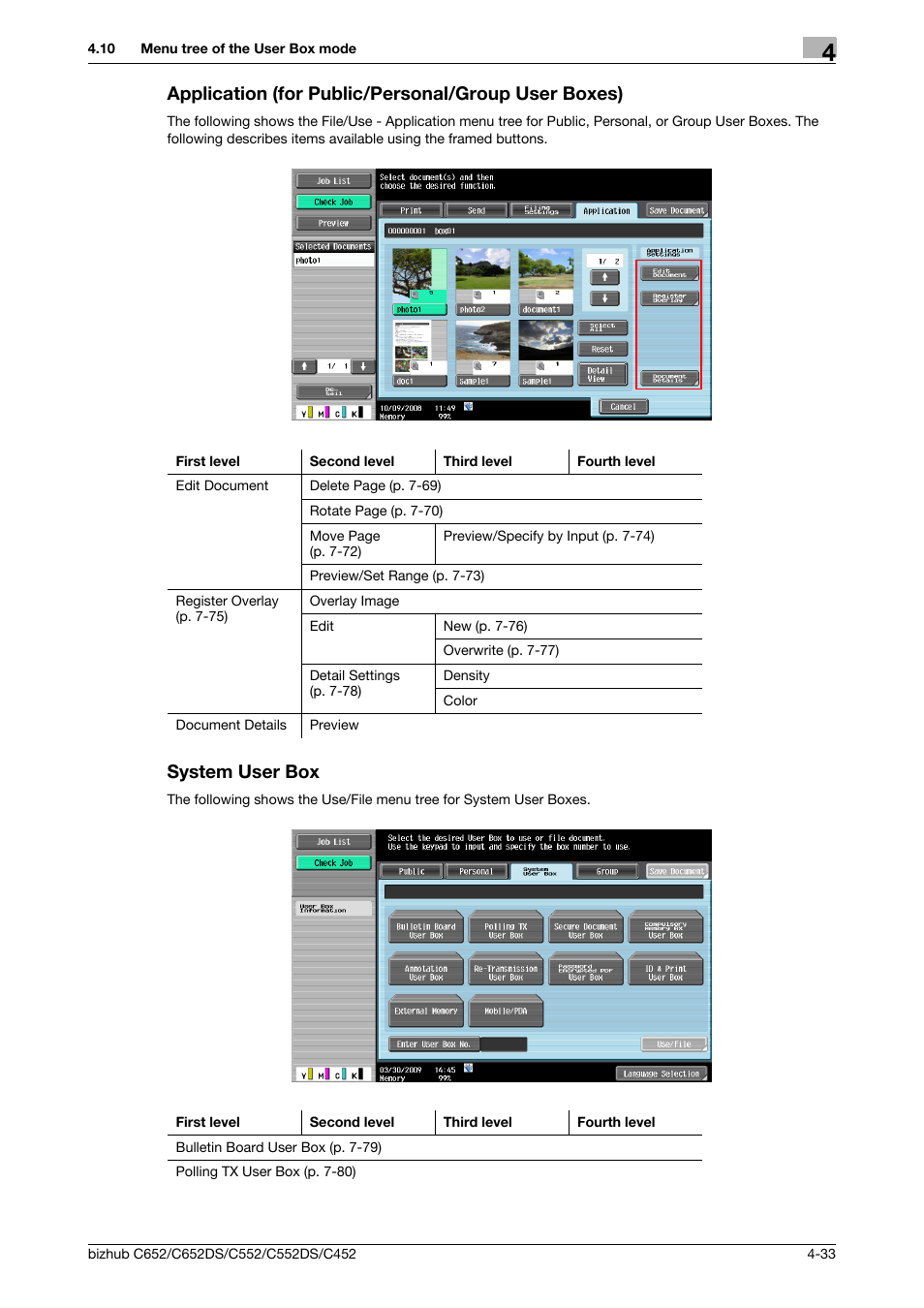 Application (for public/personal/group user boxes), System user box | Konica Minolta BIZHUB C652DS User Manual | Page 79 / 300