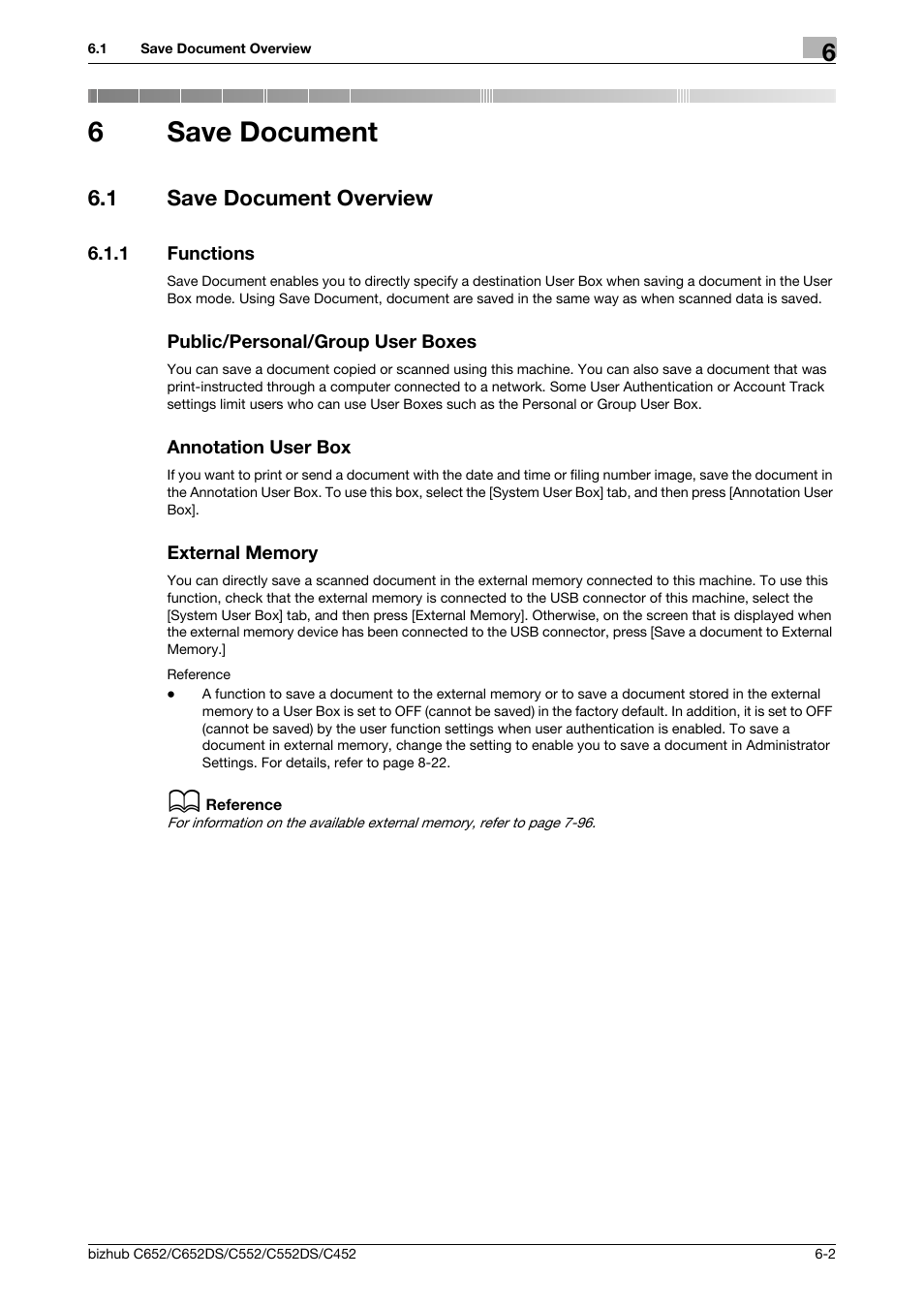 6 save document, 1 save document overview, 1 functions | Public/personal/group user boxes, Annotation user box, External memory, Save document, Save document overview -2, P. 6-2, 6save document | Konica Minolta BIZHUB C652DS User Manual | Page 88 / 300