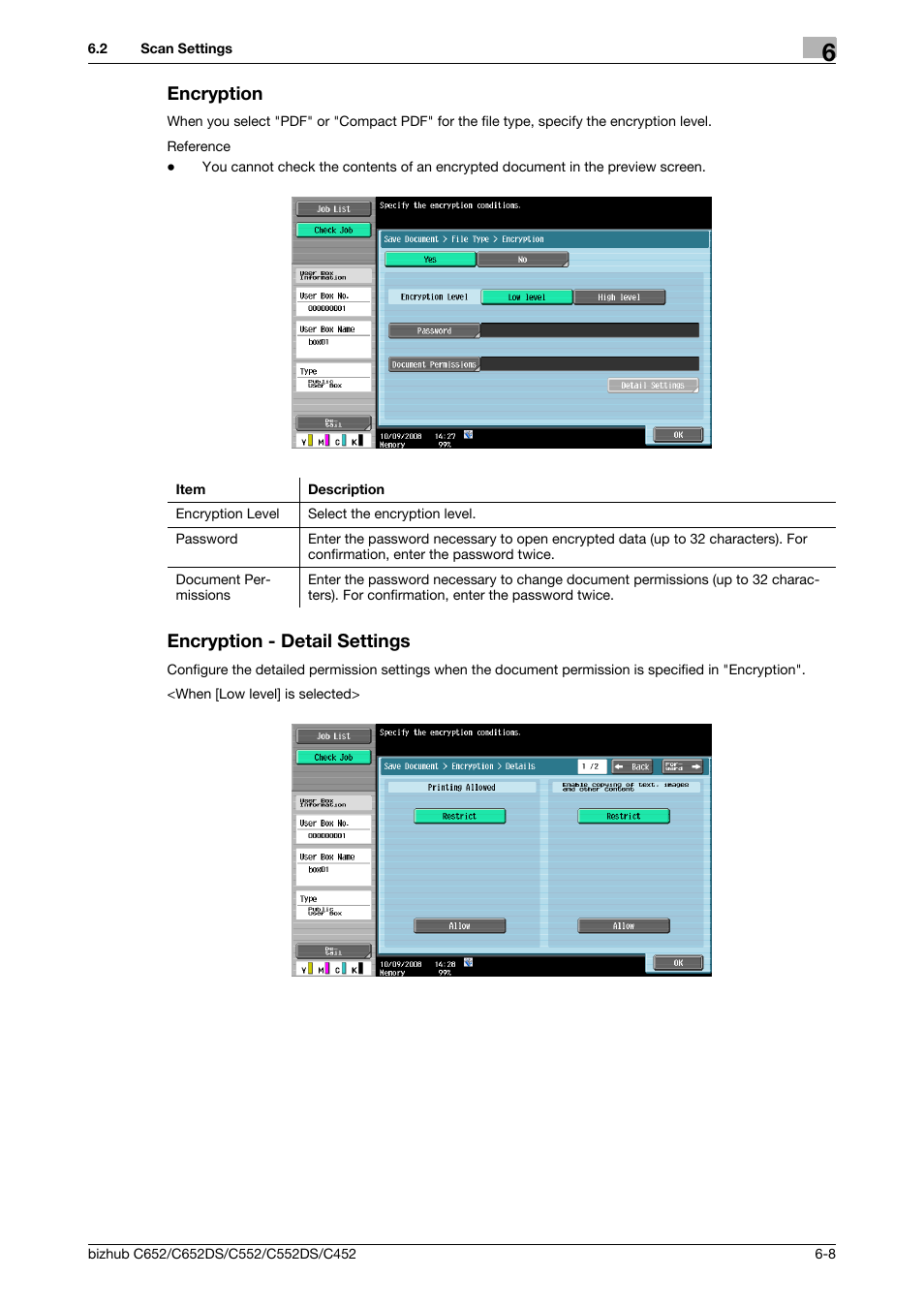 Encryption, Encryption - detail settings, Encryption -8 encryption - detail settings -8 | Encryption (p. 6-8), P. 6-8) | Konica Minolta BIZHUB C652DS User Manual | Page 94 / 300