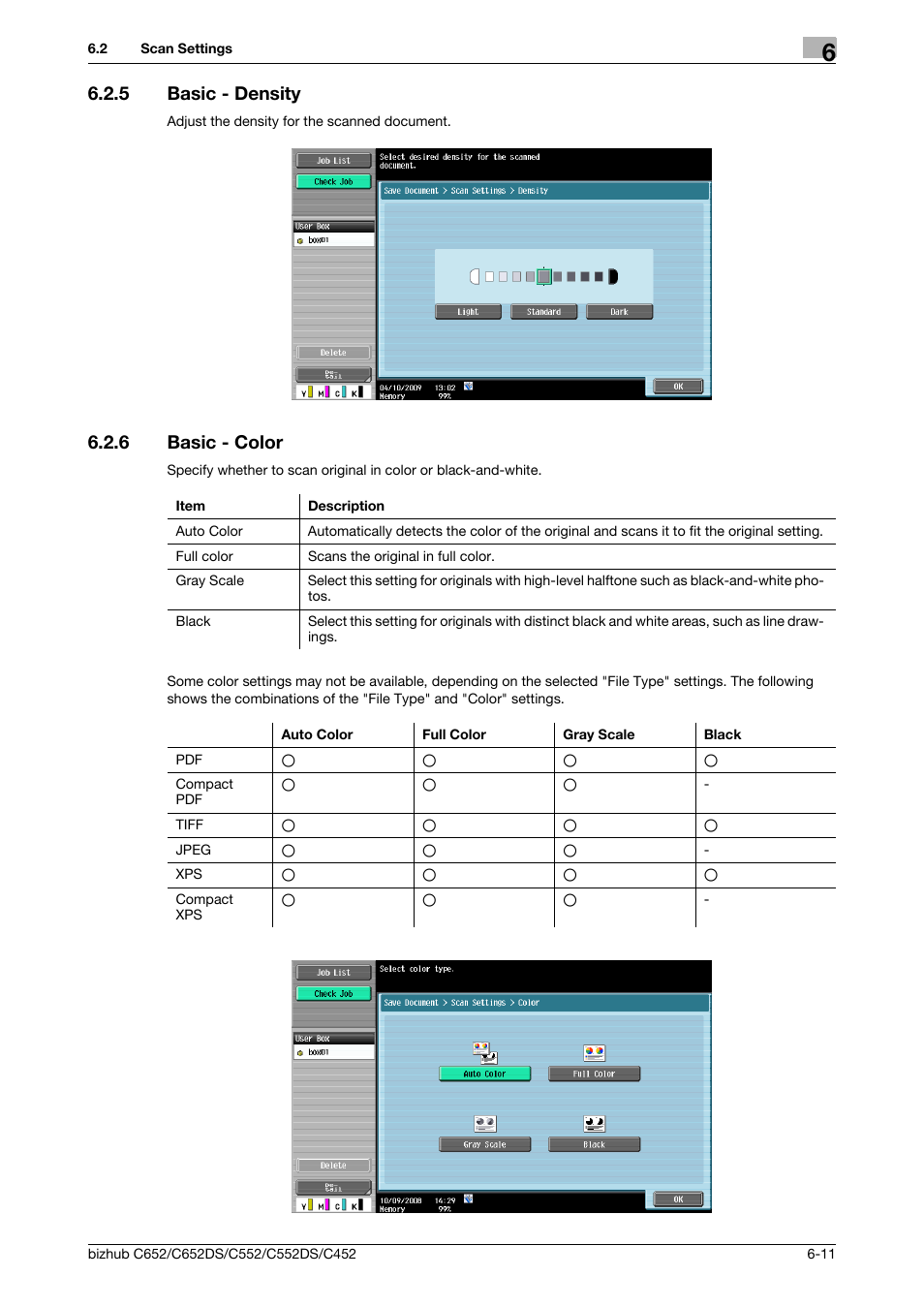 5 basic - density, 6 basic - color, Basic - density -11 | Basic - color -11, P. 6-11), Color (p. 6-11), Nsity (p. 6-11) | Konica Minolta BIZHUB C652DS User Manual | Page 97 / 300