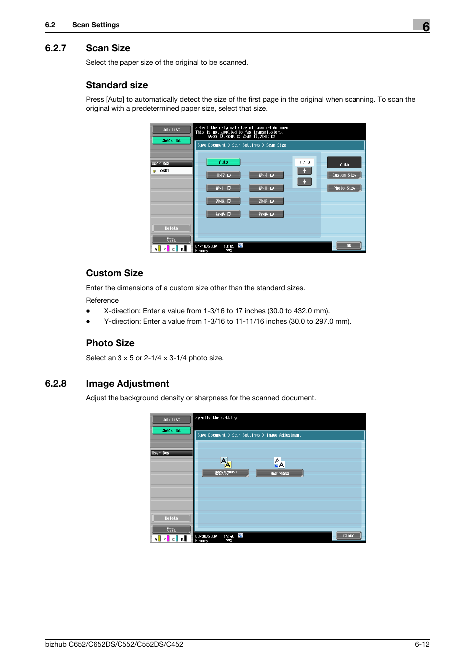 7 scan size, Standard size, Custom size | Photo size, 8 image adjustment, Image adjustment -12, P. 6-12) | Konica Minolta BIZHUB C652DS User Manual | Page 98 / 300