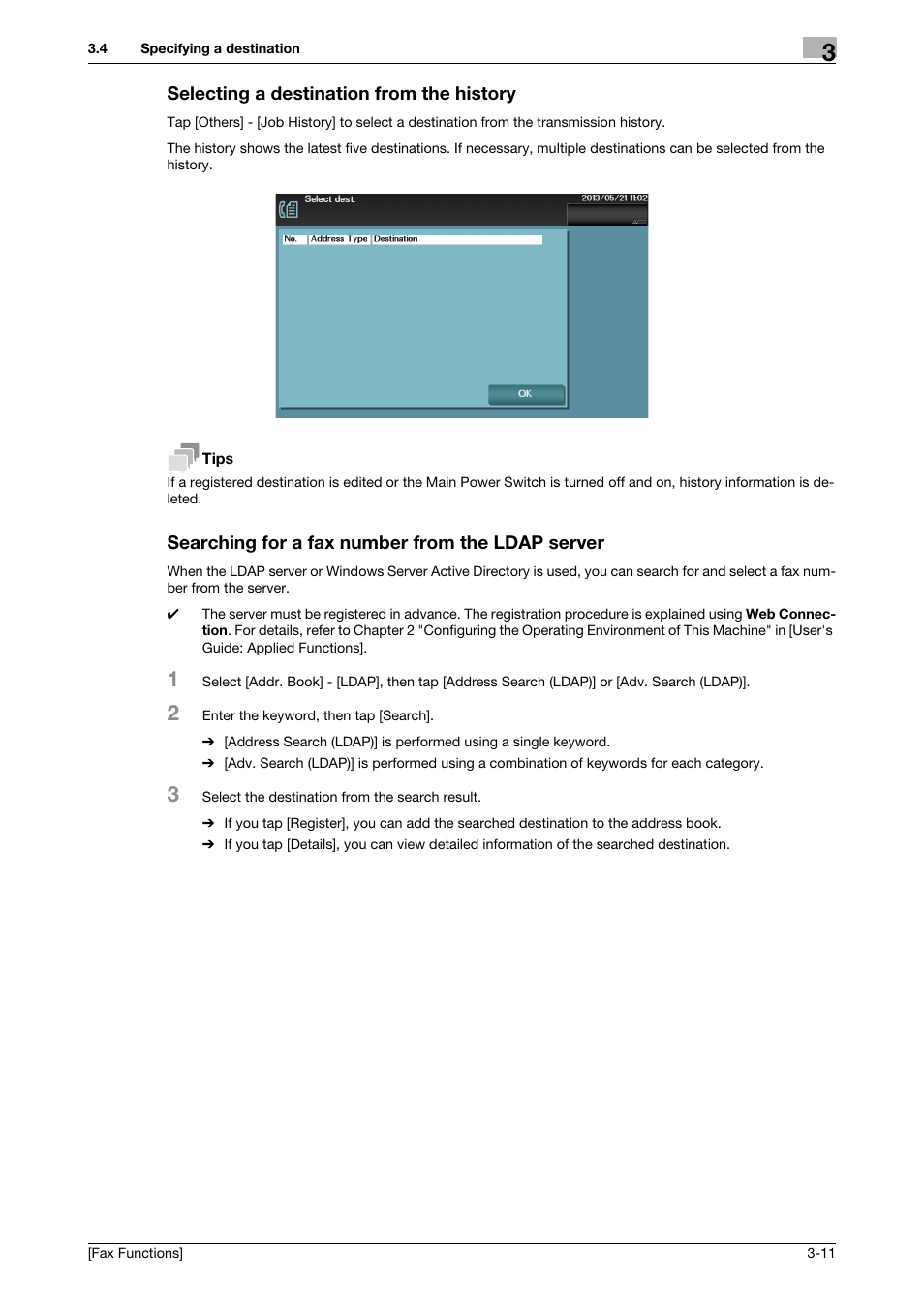 Selecting a destination from the history, Searching for a fax number from the ldap server | Konica Minolta bizhub 4750 User Manual | Page 22 / 69