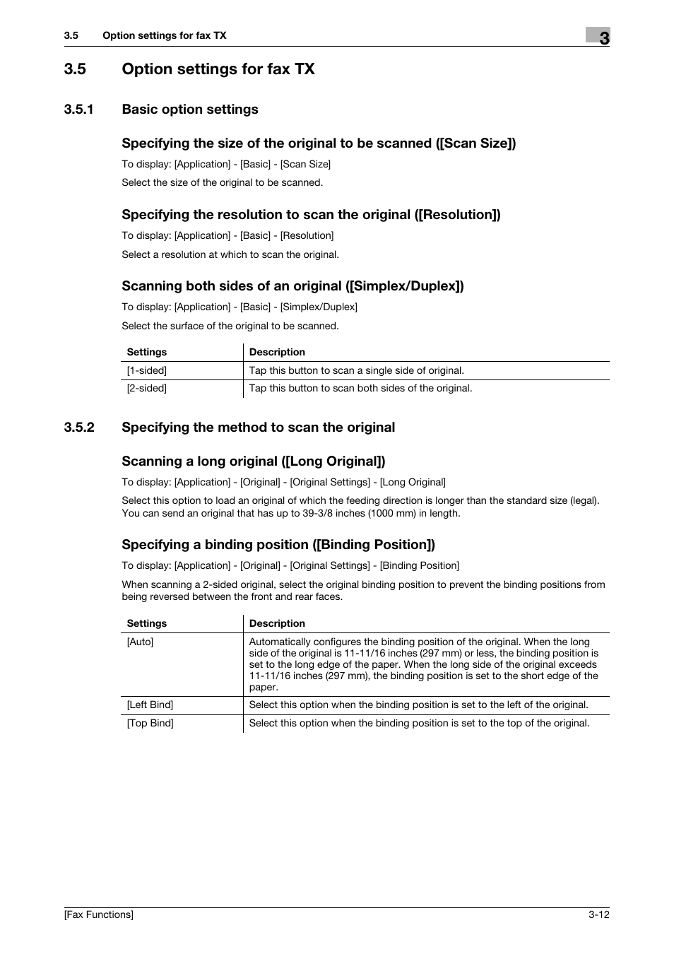 5 option settings for fax tx, 1 basic option settings, 2 specifying the method to scan the original | Scanning a long original ([long original]), Specifying a binding position ([binding position]), Option settings for fax tx -12 | Konica Minolta bizhub 4750 User Manual | Page 23 / 69