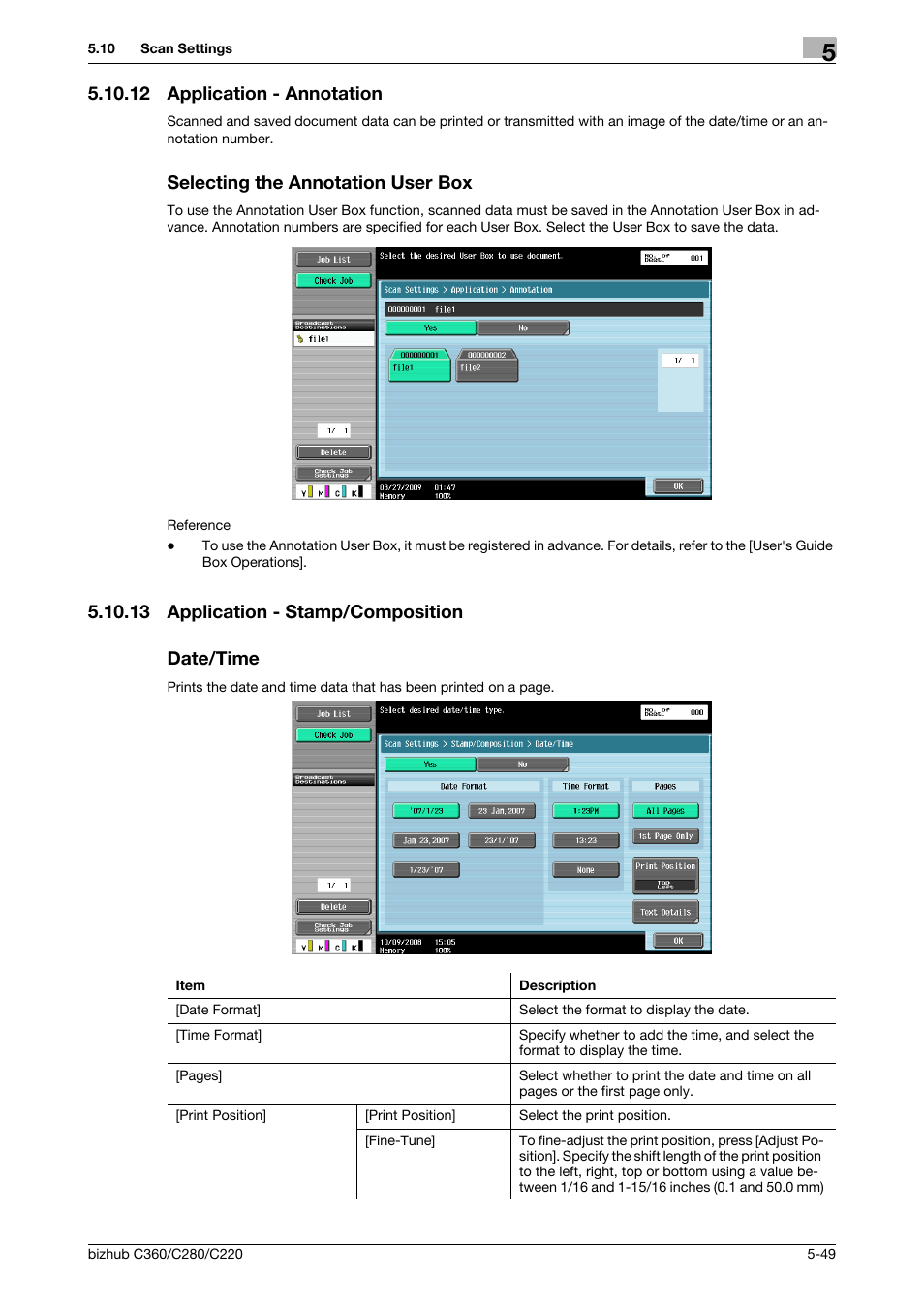 12 application - annotation, Selecting the annotation user box, 13 application - stamp/composition | Date/time, Application - stamp/composition -49 date/time -49, P. 5-49), 13 application - stamp/composition date/time | Konica Minolta BIZHUB C360 User Manual | Page 100 / 299