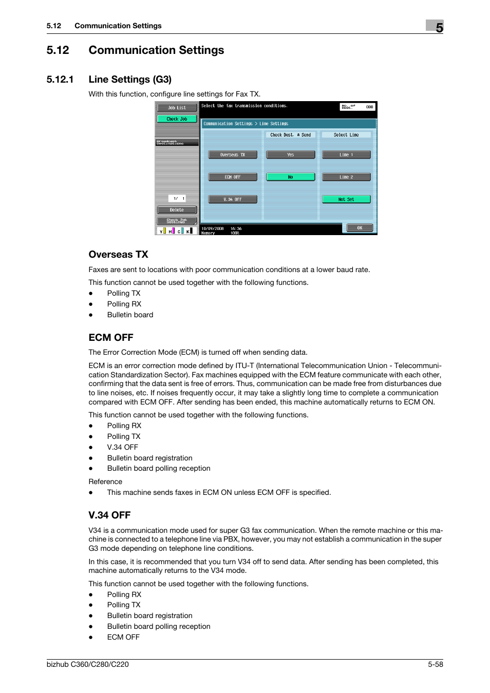 12 communication settings, 1 line settings (g3), Overseas tx | Ecm off, V.34 off, Communication settings -58, Line settings (g3) -58 overseas tx -58 ecm off -58, V.34 off -58, P. 5-58), Eas tx] (p. 5-58) | Konica Minolta BIZHUB C360 User Manual | Page 109 / 299
