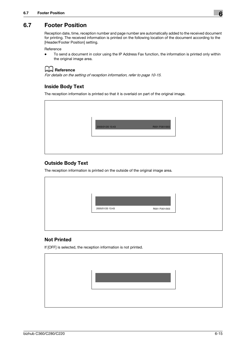 7 footer position, Inside body text, Outside body text | Not printed | Konica Minolta BIZHUB C360 User Manual | Page 134 / 299