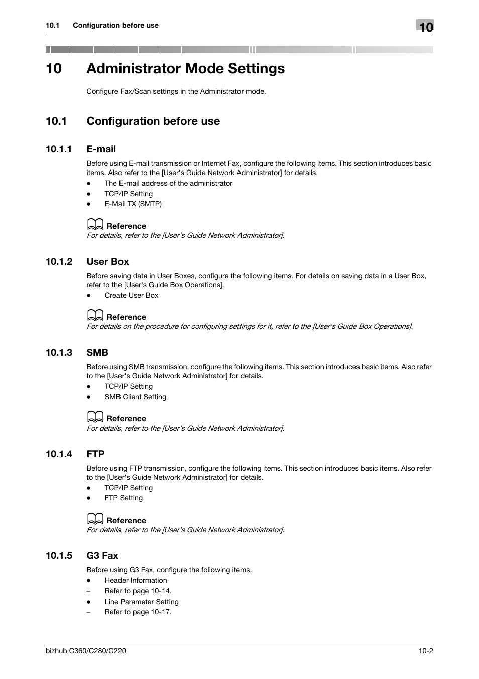 10 administrator mode settings, 1 configuration before use, 1 e-mail | 2 user box, 3 smb, 4 ftp, 5 g3 fax, Administrator mode settings, Configuration before use -2, E-mail -2 | Konica Minolta BIZHUB C360 User Manual | Page 198 / 299