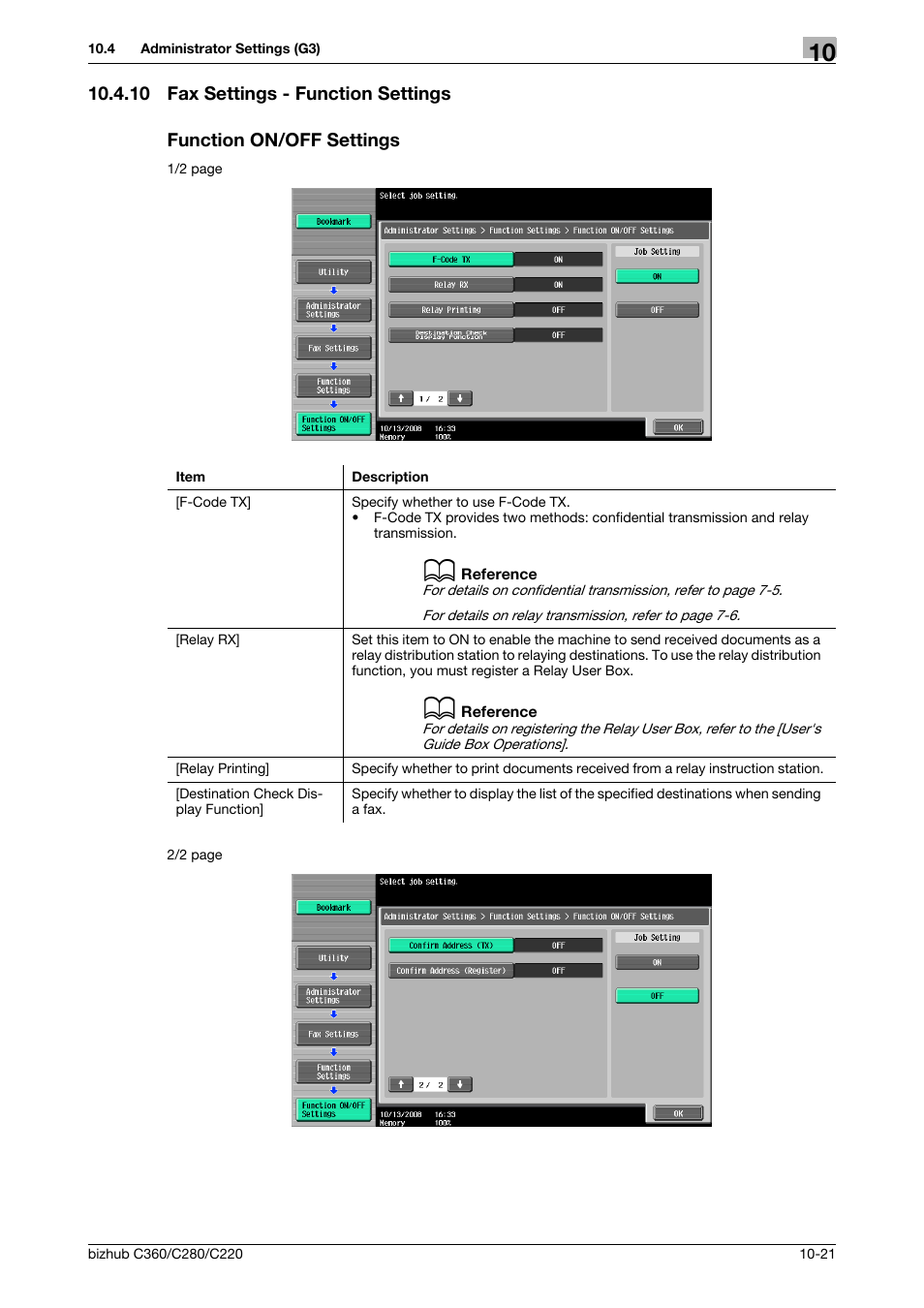 10 fax settings - function settings, Function on/off settings, P. 10-21) | Konica Minolta BIZHUB C360 User Manual | Page 217 / 299