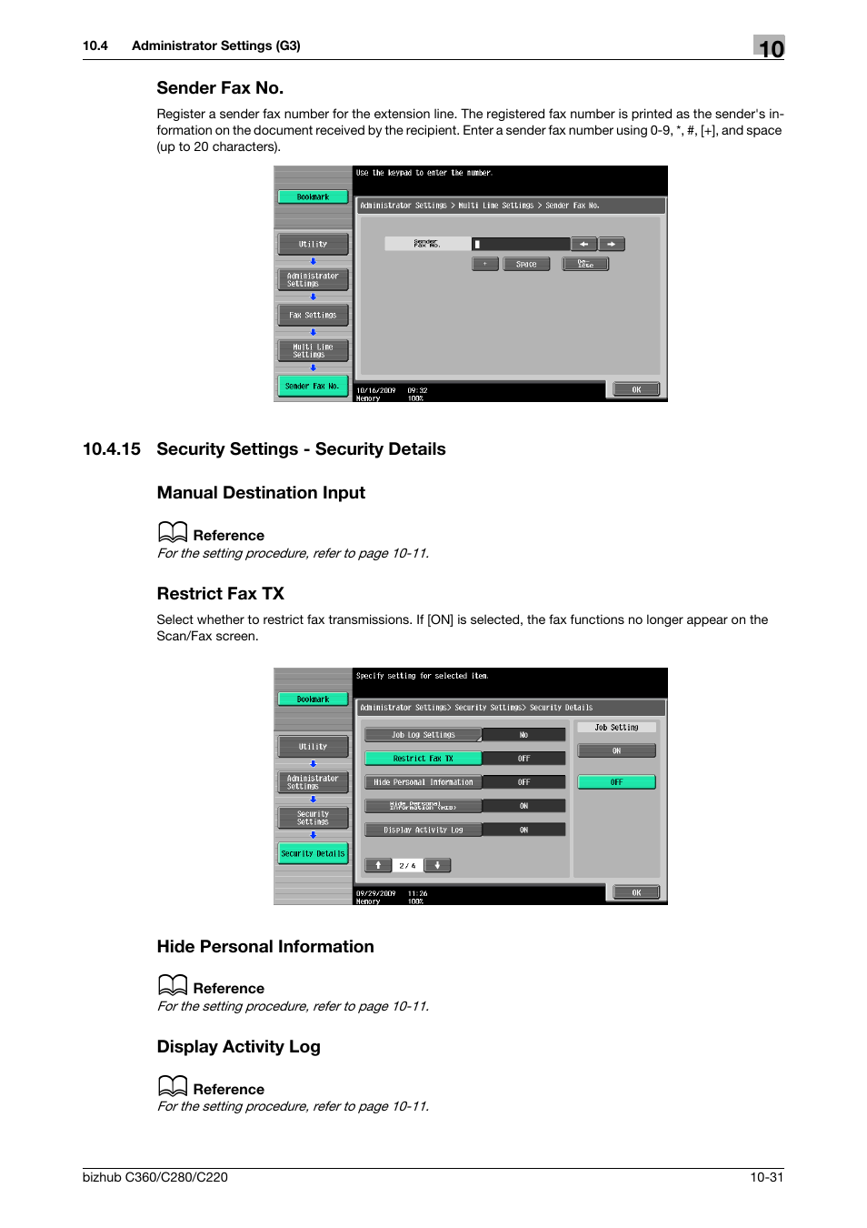 Sender fax no, 15 security settings - security details, Manual destination input | Restrict fax tx, Hide personal information, Display activity log, Sender fax no -31, Der fax no.] (p. 10-31) | Konica Minolta BIZHUB C360 User Manual | Page 227 / 299