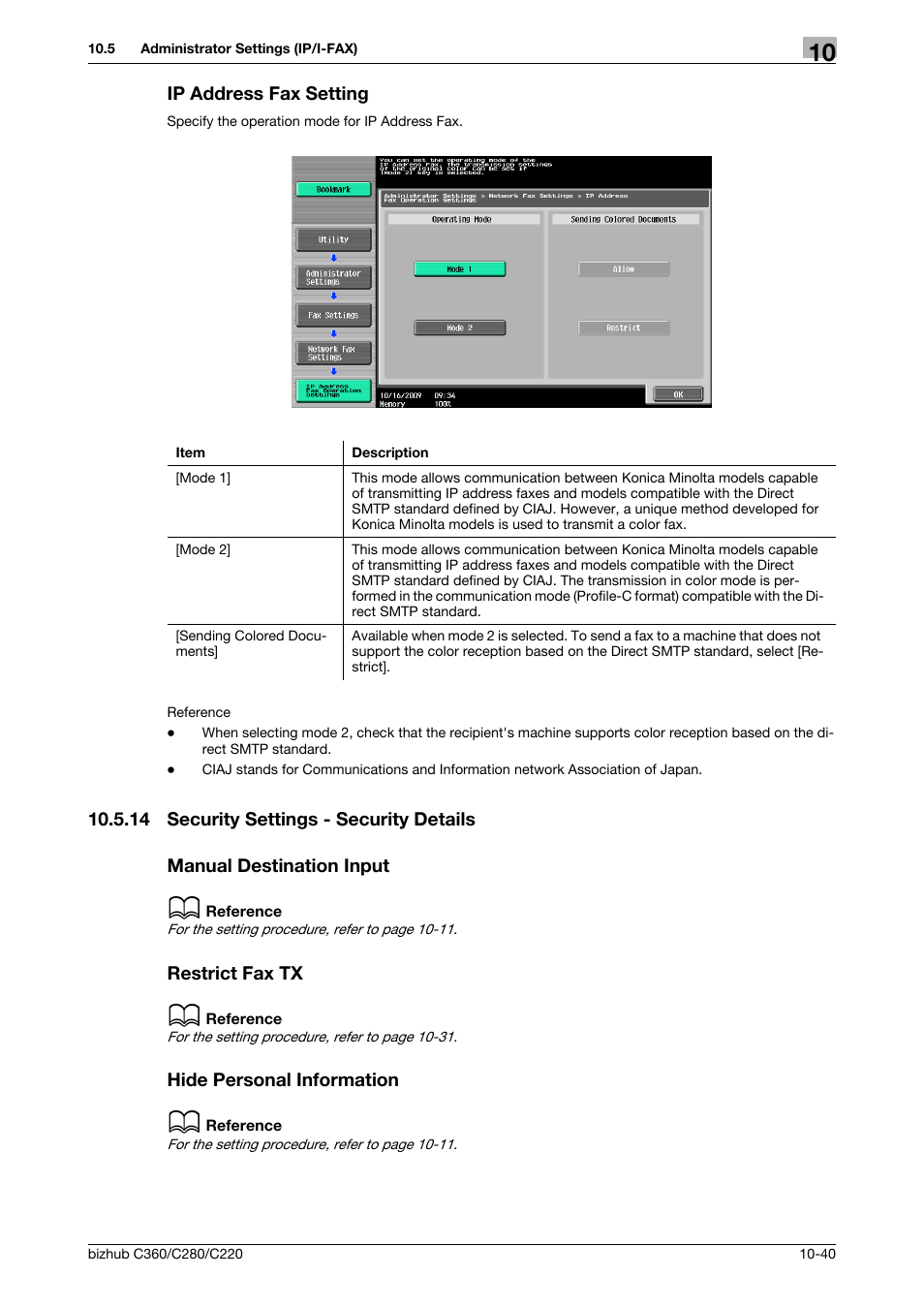 Ip address fax setting, 14 security settings - security details, Manual destination input | Restrict fax tx, Hide personal information, Ip address fax setting -40 | Konica Minolta BIZHUB C360 User Manual | Page 236 / 299
