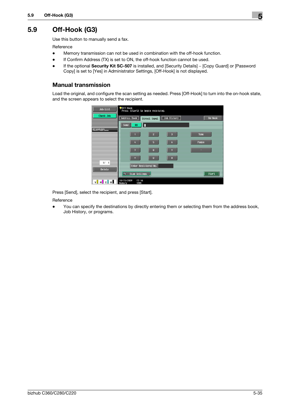 9 off-hook (g3), Manual transmission, Off-hook (g3) -35 manual transmission -35 | P. 5-35 | Konica Minolta BIZHUB C360 User Manual | Page 86 / 299
