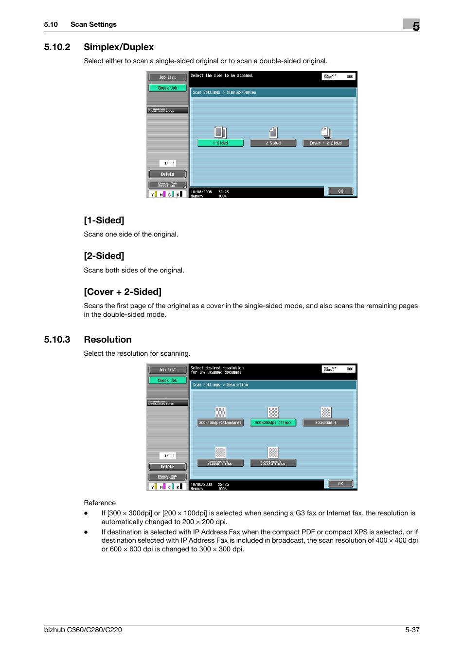 2 simplex/duplex, Sided, Cover + 2-sided | 3 resolution, Resolution -37, P. 5-37), N] (p. 5-37) | Konica Minolta BIZHUB C360 User Manual | Page 88 / 299