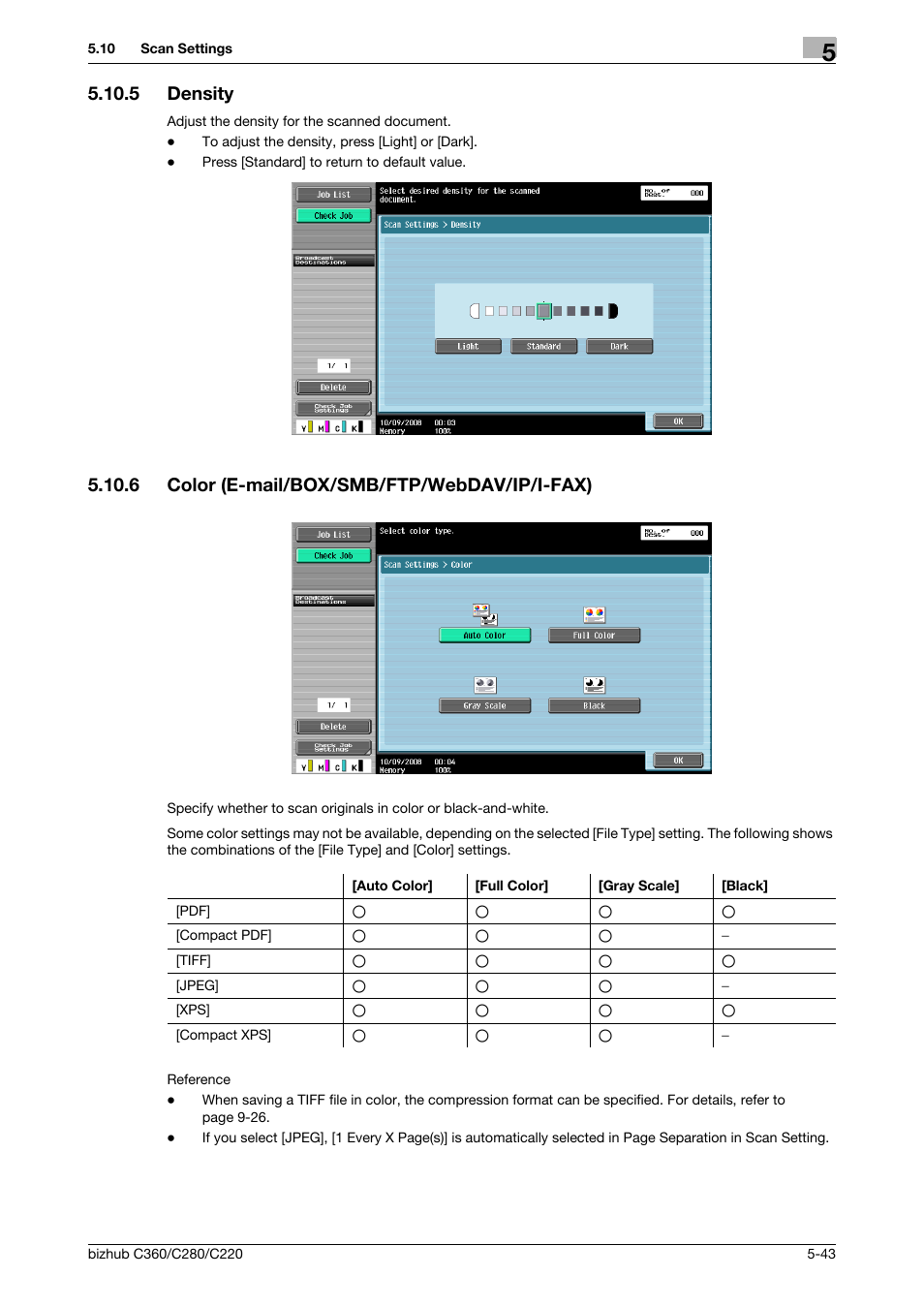5 density, 6 color (e-mail/box/smb/ftp/webdav/ip/i-fax), Density -43 | Color (e-mail/box/smb/ftp/webdav/ip/i-fax) -43, Density] (p. 5-43), Color] (p. 5-43) | Konica Minolta BIZHUB C360 User Manual | Page 94 / 299